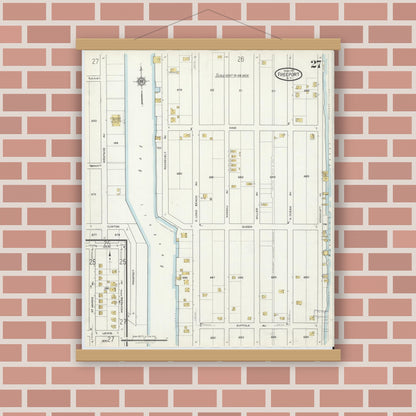 Old map wall art mockup — magnetic wood frame on brick wall — Sanborn Fire Insurance Map from Freeport, Nassau County, New York (1917), Sheet #0027