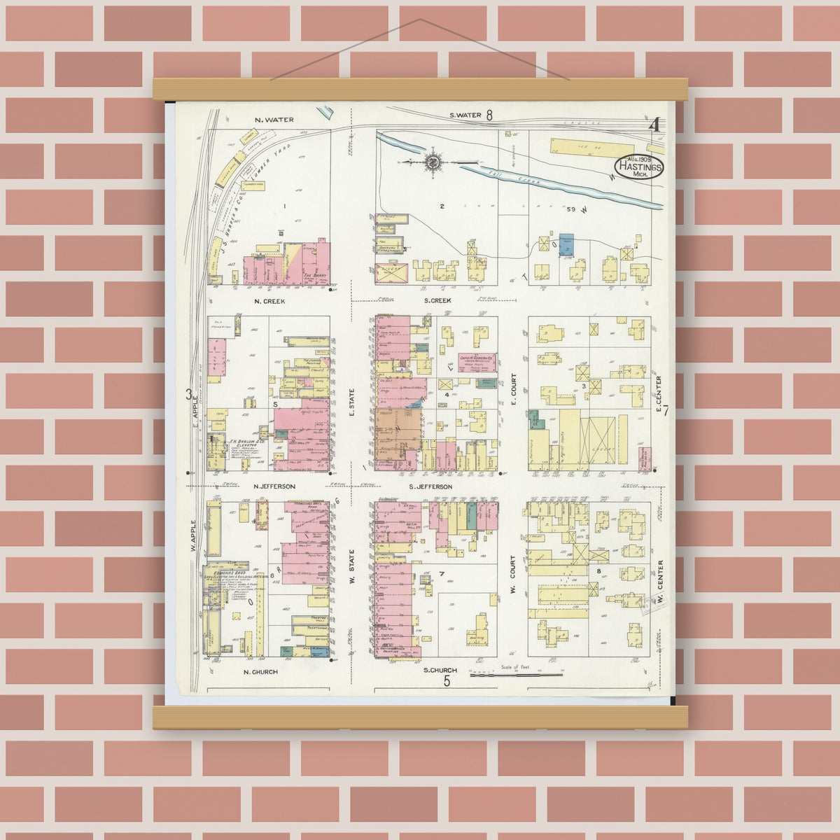 Old map wall art mockup — magnetic wood frame on brick wall — Sanborn Fire Insurance Map from Hastings, Barry County, Michigan (1909), Sheet #0004