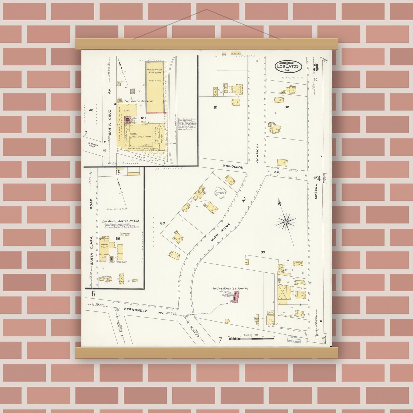 Old map wall art mockup — magnetic wood frame on brick wall — Sanborn Fire Insurance Map from Los Gatos, Santa Clara County, California (1908), Sheet #0003