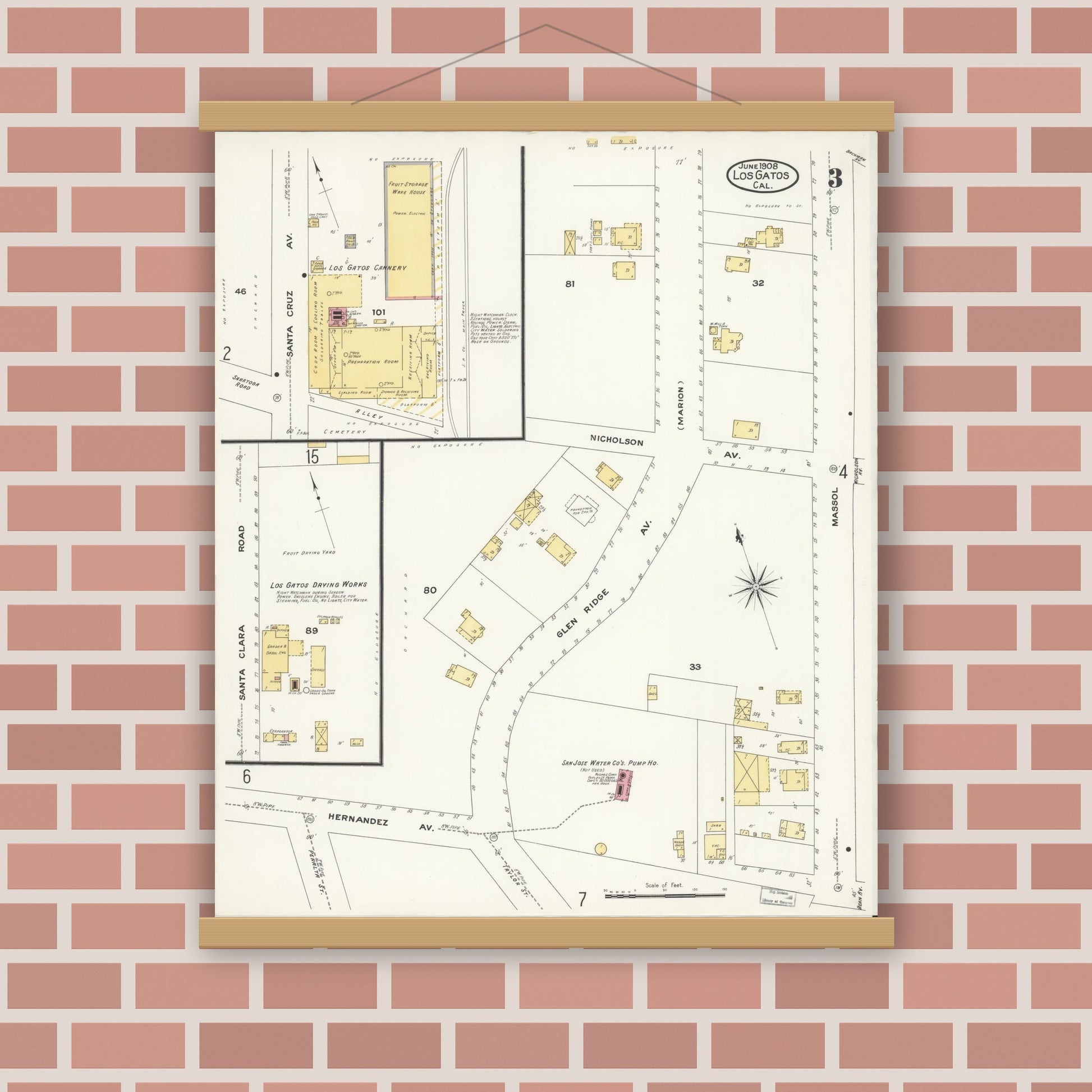 Old map wall art mockup — magnetic wood frame on brick wall — Sanborn Fire Insurance Map from Los Gatos, Santa Clara County, California (1908), Sheet #0003