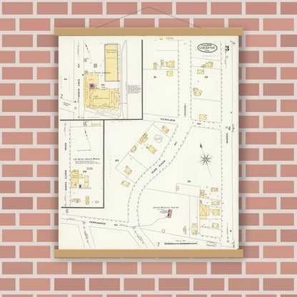 Old map wall art mockup — magnetic wood frame on brick wall — Sanborn Fire Insurance Map from Los Gatos, Santa Clara County, California (1908), Sheet #0003