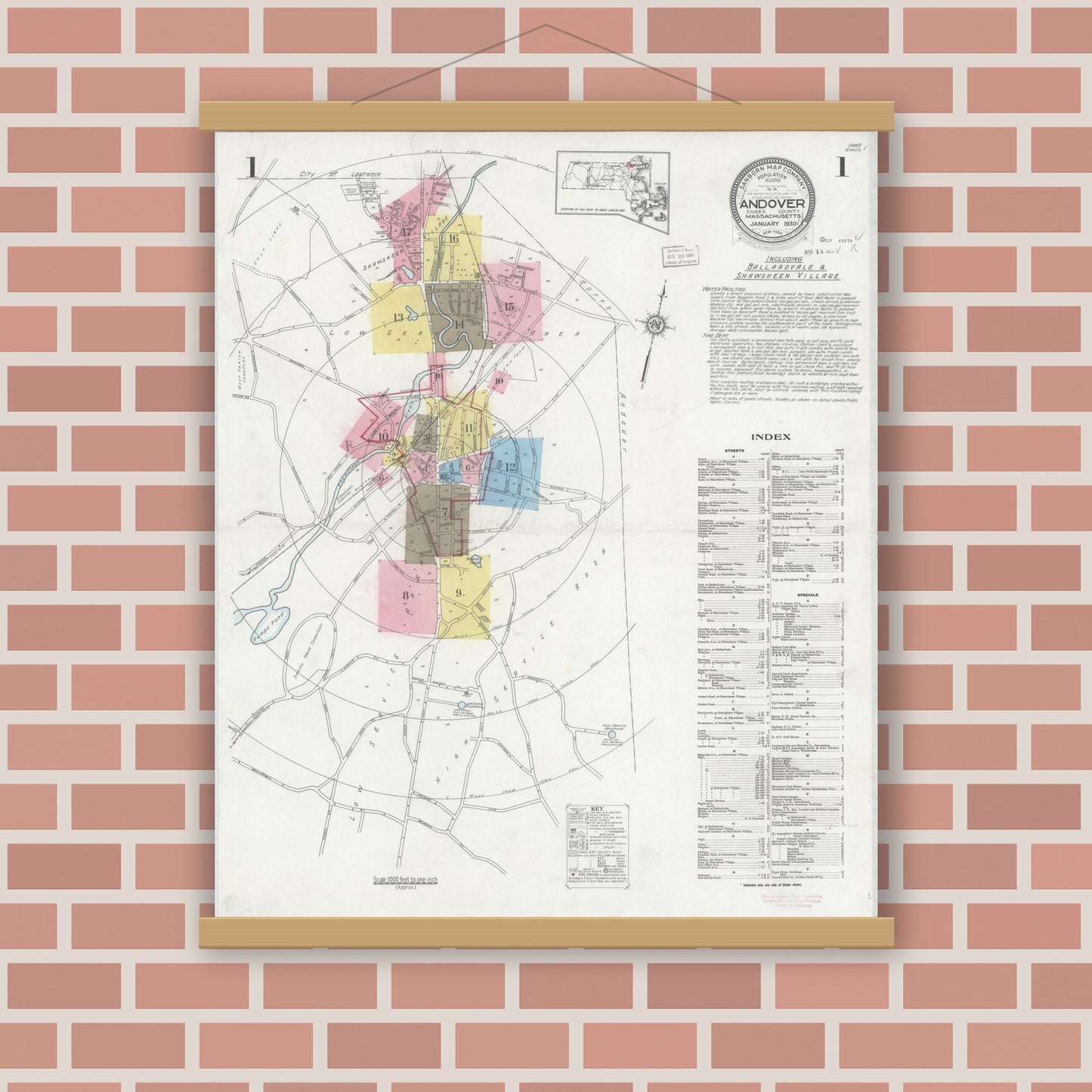 Old map wall art mockup — magnetic wood frame on brick wall — Sanborn Fire Insurance Map from Andover, Essex County, Massachusetts (1930) - Complete Map Set