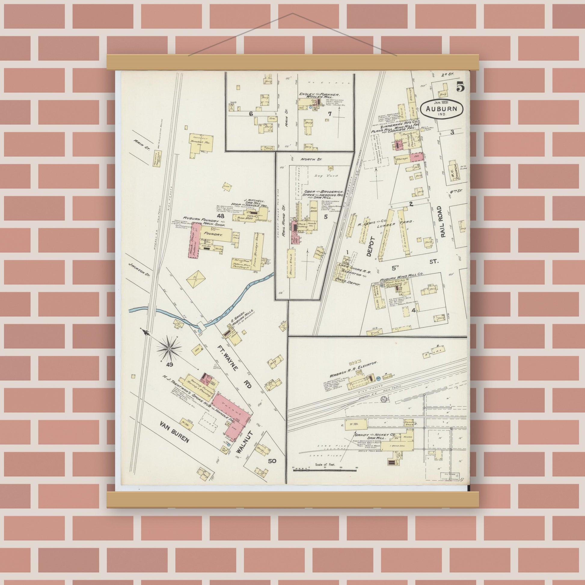 Old map wall art mockup — magnetic wood frame on brick wall — Sanborn Fire Insurance Map from Auburn, De Kalb County, Indiana (1891), Sheet #0005