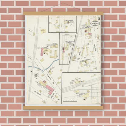 Old map wall art mockup — magnetic wood frame on brick wall — Sanborn Fire Insurance Map from Auburn, De Kalb County, Indiana (1891), Sheet #0005