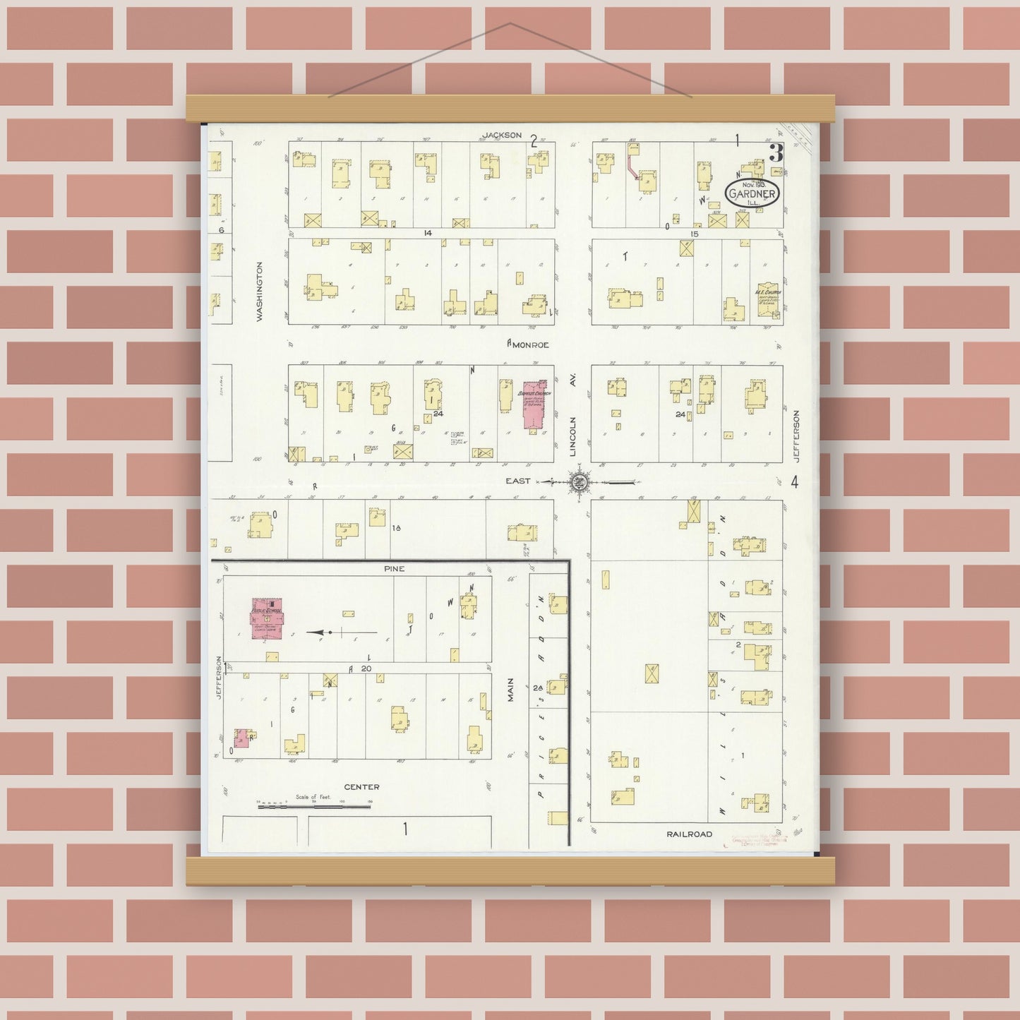 Old map wall art mockup — magnetic wood frame on brick wall — Sanborn Fire Insurance Map from Gardner, Grundy County, Illinois (1913), Sheet #0003