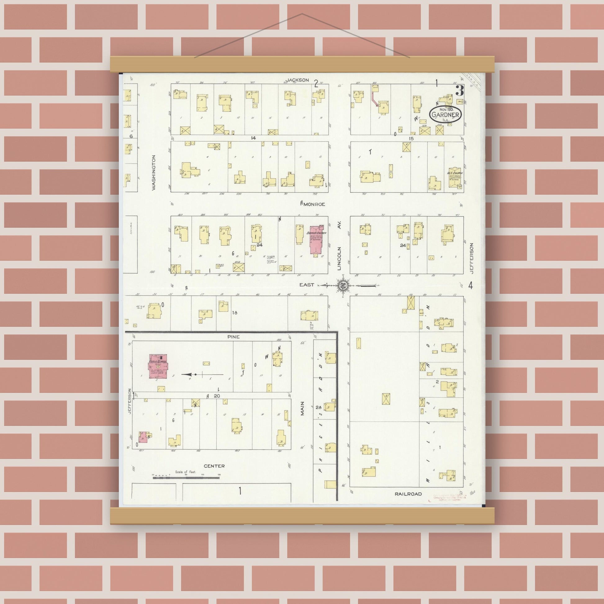 Old map wall art mockup — magnetic wood frame on brick wall — Sanborn Fire Insurance Map from Gardner, Grundy County, Illinois (1913), Sheet #0003