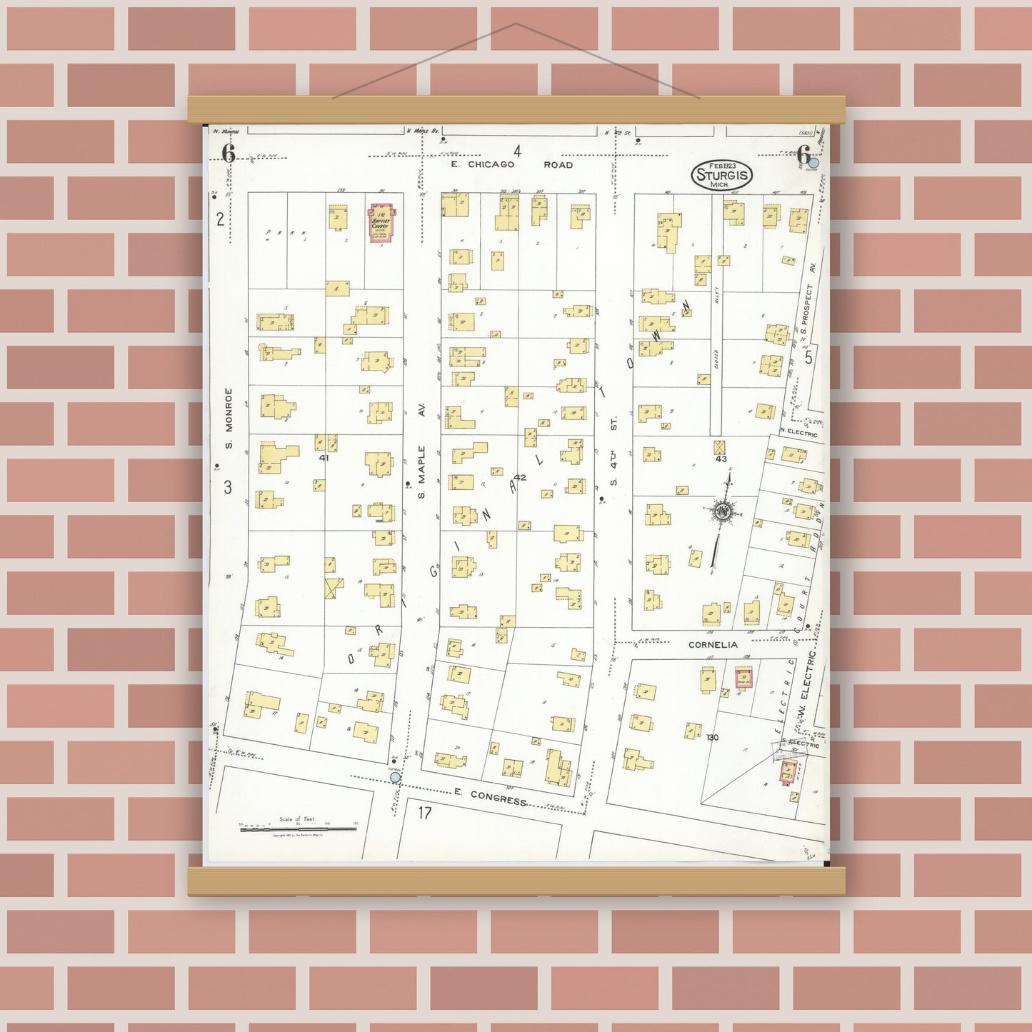 Old map wall art mockup — magnetic wood frame on brick wall — Sanborn Fire Insurance Map from Sturgis, Saint Joseph County, Michigan (1923), Sheet #0006