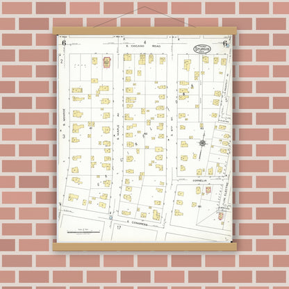 Old map wall art mockup — magnetic wood frame on brick wall — Sanborn Fire Insurance Map from Sturgis, Saint Joseph County, Michigan (1923), Sheet #0006