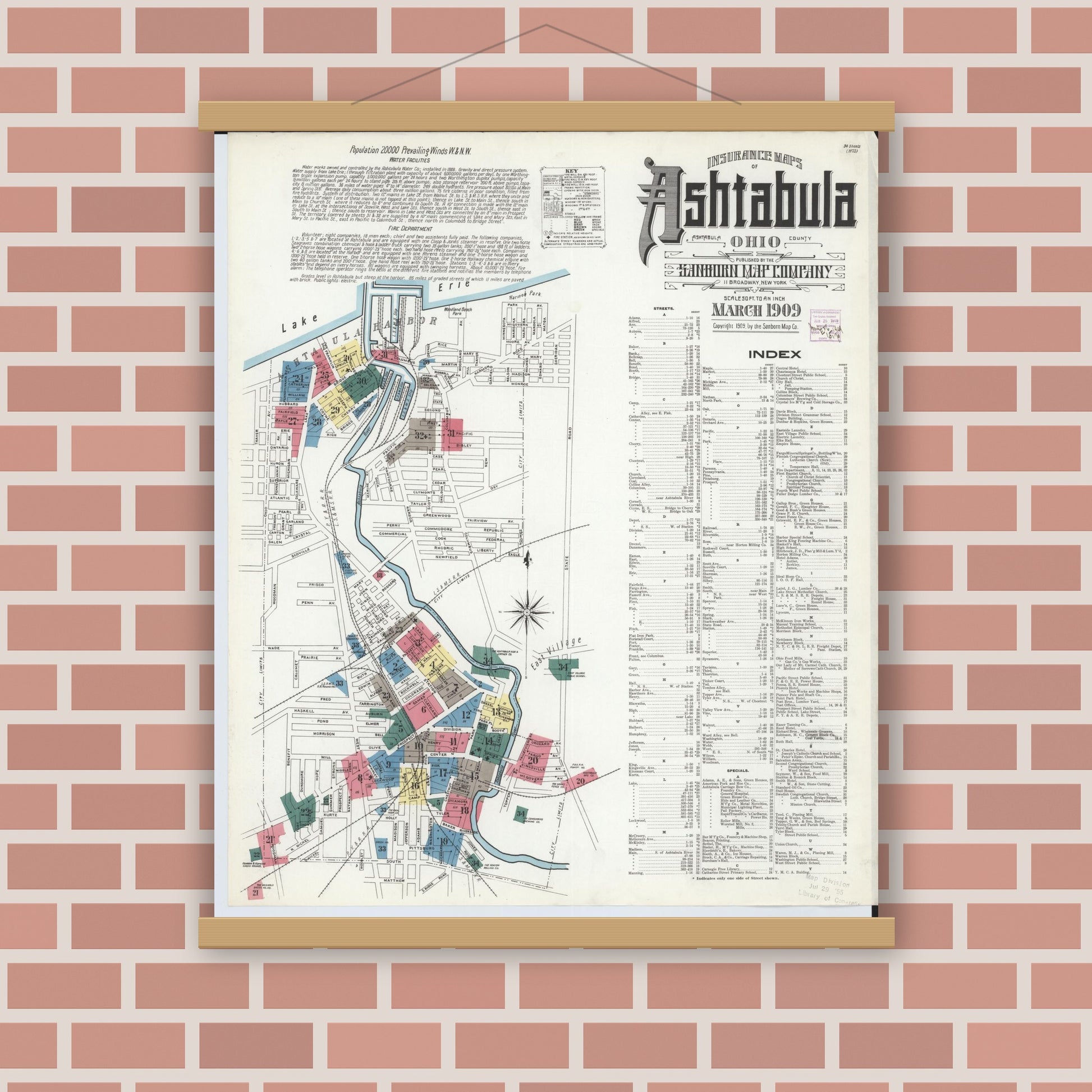 Old map wall art mockup — magnetic wood frame on brick wall — Sanborn Fire Insurance Map from Ashtabula, Ashtabula County, Ohio (1909), Sheet #0001