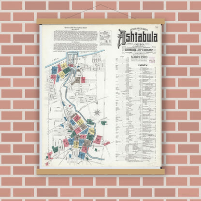 Old map wall art mockup — magnetic wood frame on brick wall — Sanborn Fire Insurance Map from Ashtabula, Ashtabula County, Ohio (1909), Sheet #0001