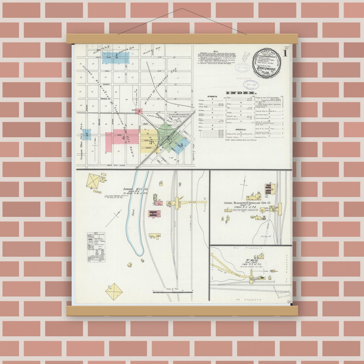 Old map wall art mockup — magnetic wood frame on brick wall — Sanborn Fire Insurance Map from Braidwood, Will County, Illinois (1898) - Complete Map Set