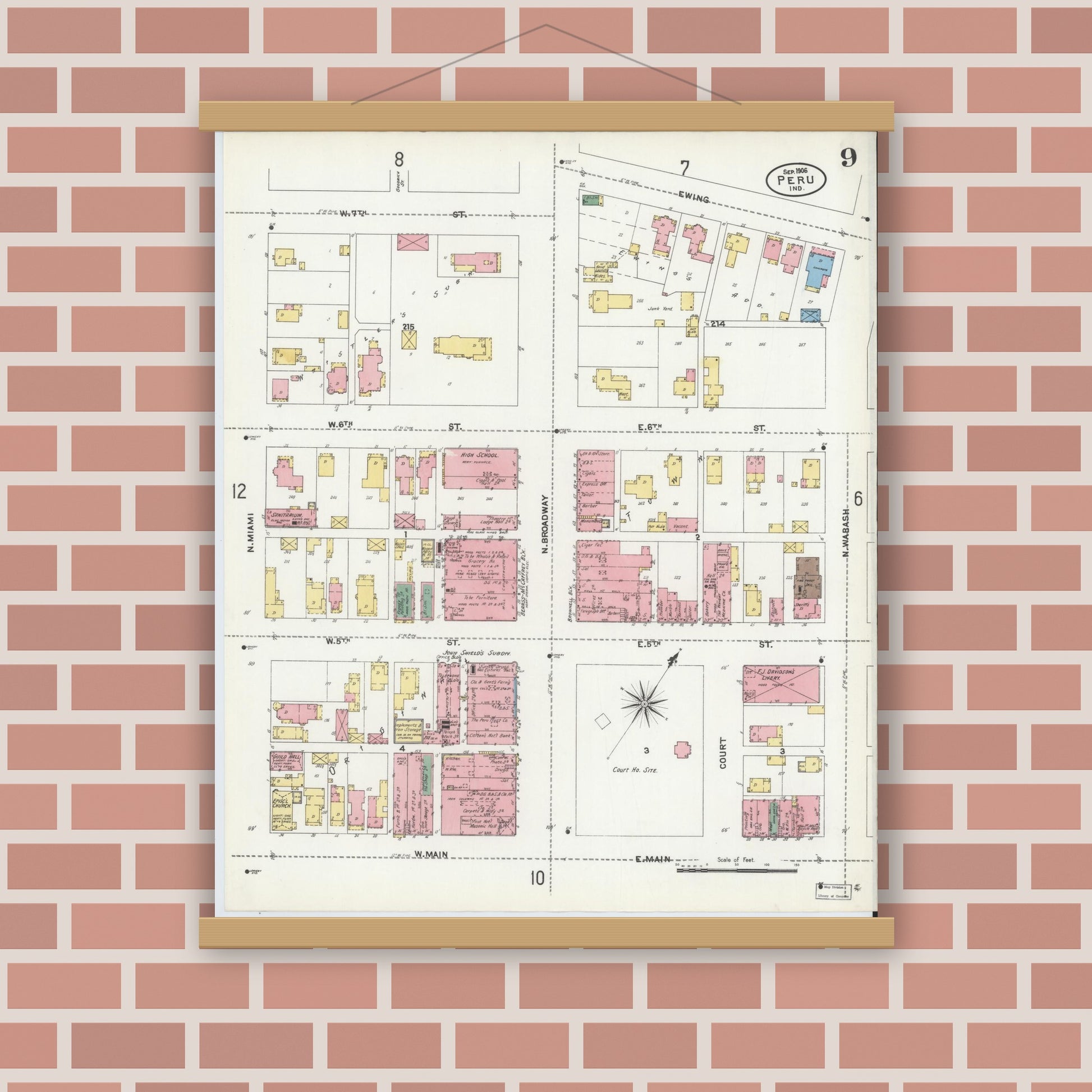 Old map wall art mockup — magnetic wood frame on brick wall — Sanborn Fire Insurance Map from Peru, Miami County, Indiana (1906), Sheet #0009