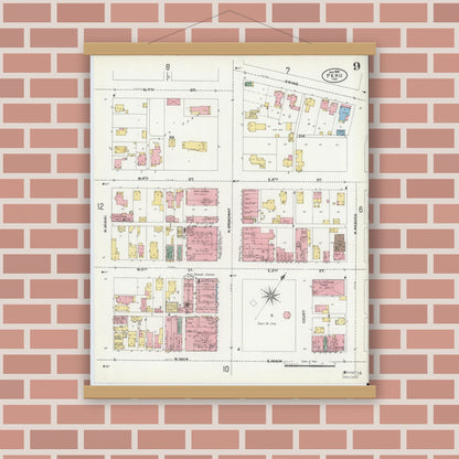 Old map wall art mockup — magnetic wood frame on brick wall — Sanborn Fire Insurance Map from Peru, Miami County, Indiana (1906), Sheet #0009