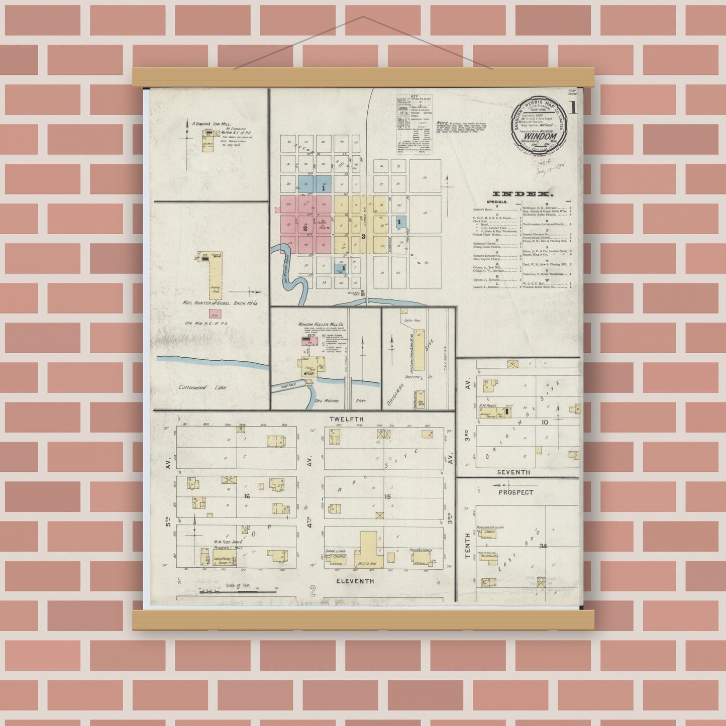 Old map wall art mockup — magnetic wood frame on brick wall — Sanborn Fire Insurance Map from Windom, Cottonwood County, Minnesota (1894) - Complete Map Set