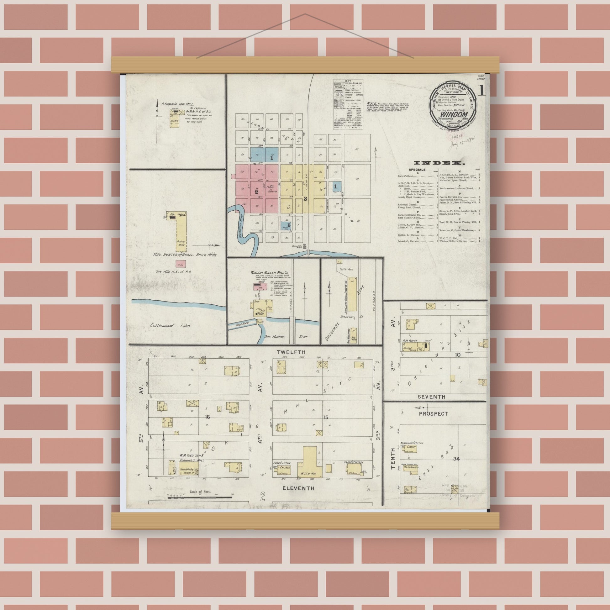 Old map wall art mockup — magnetic wood frame on brick wall — Sanborn Fire Insurance Map from Windom, Cottonwood County, Minnesota (1894) - Complete Map Set