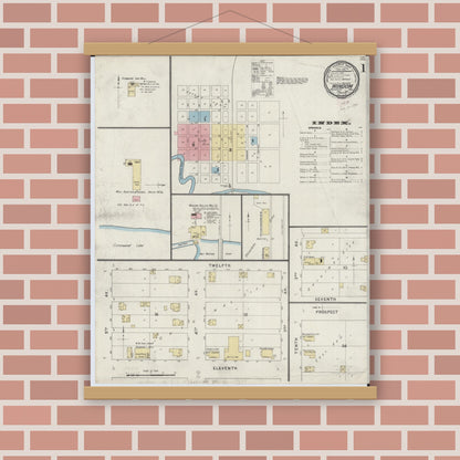 Old map wall art mockup — magnetic wood frame on brick wall — Sanborn Fire Insurance Map from Windom, Cottonwood County, Minnesota (1894) - Complete Map Set
