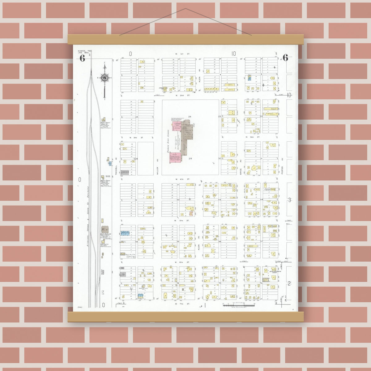 Old map wall art mockup — magnetic wood frame on brick wall — Sanborn Fire Insurance Map from Dumas, Moore County, Texas (1950), Sheet #0006
