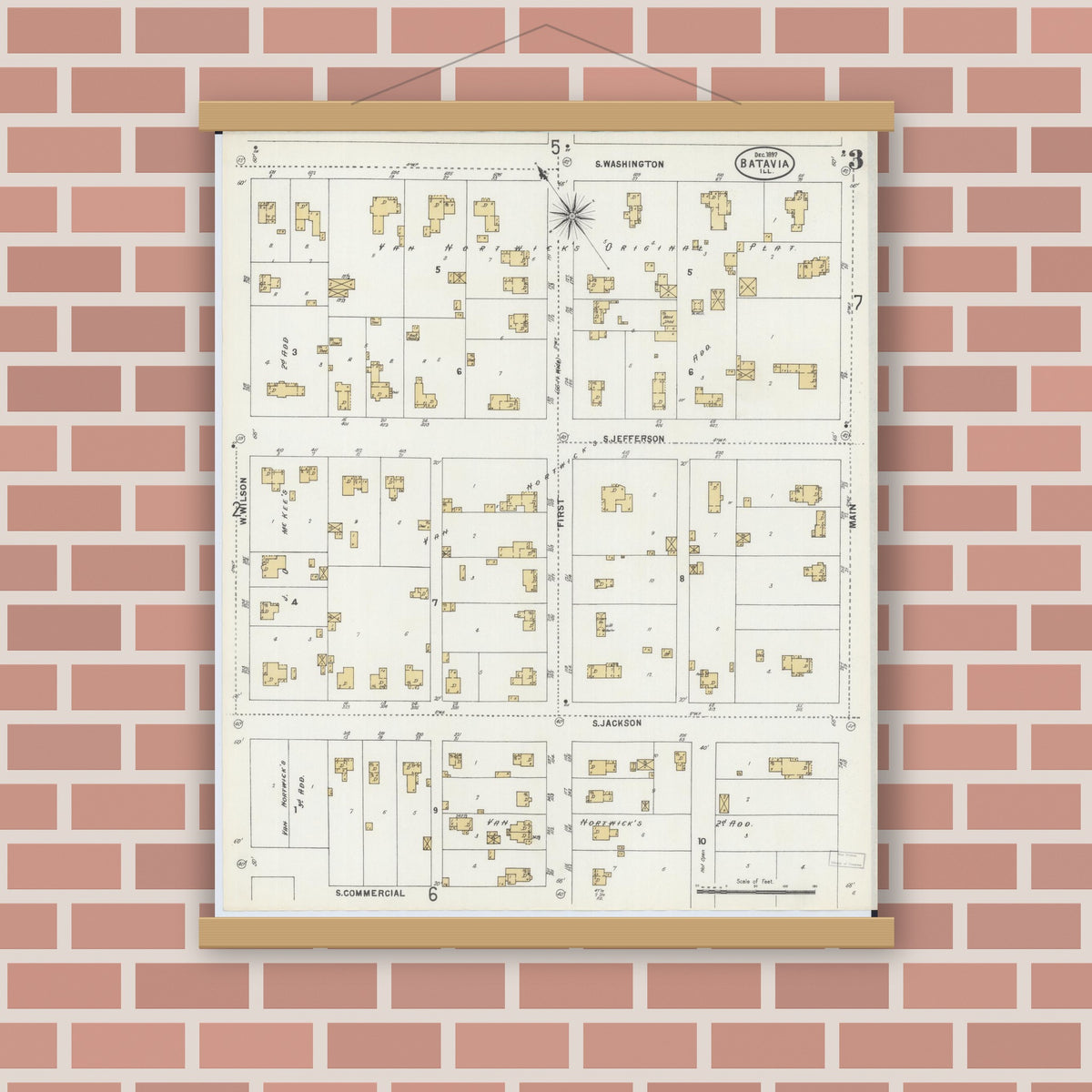 Old map wall art mockup — magnetic wood frame on brick wall — Sanborn Fire Insurance Map from Batavia, Kane County, Illinois (1897), Sheet #0003