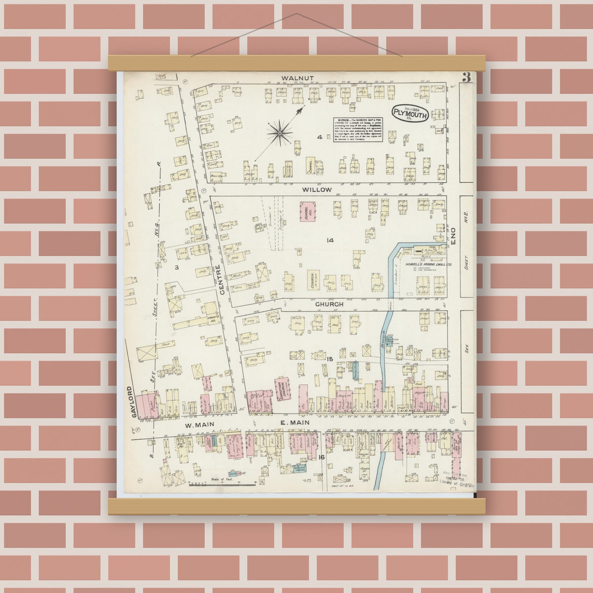 Old map wall art mockup — magnetic wood frame on brick wall — Sanborn Fire Insurance Map from Plymouth, Luzerne County, Pennsylvania (1884), Sheet #0003