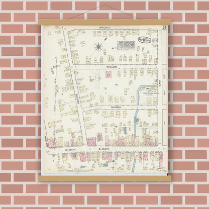 Old map wall art mockup — magnetic wood frame on brick wall — Sanborn Fire Insurance Map from Plymouth, Luzerne County, Pennsylvania (1884), Sheet #0003