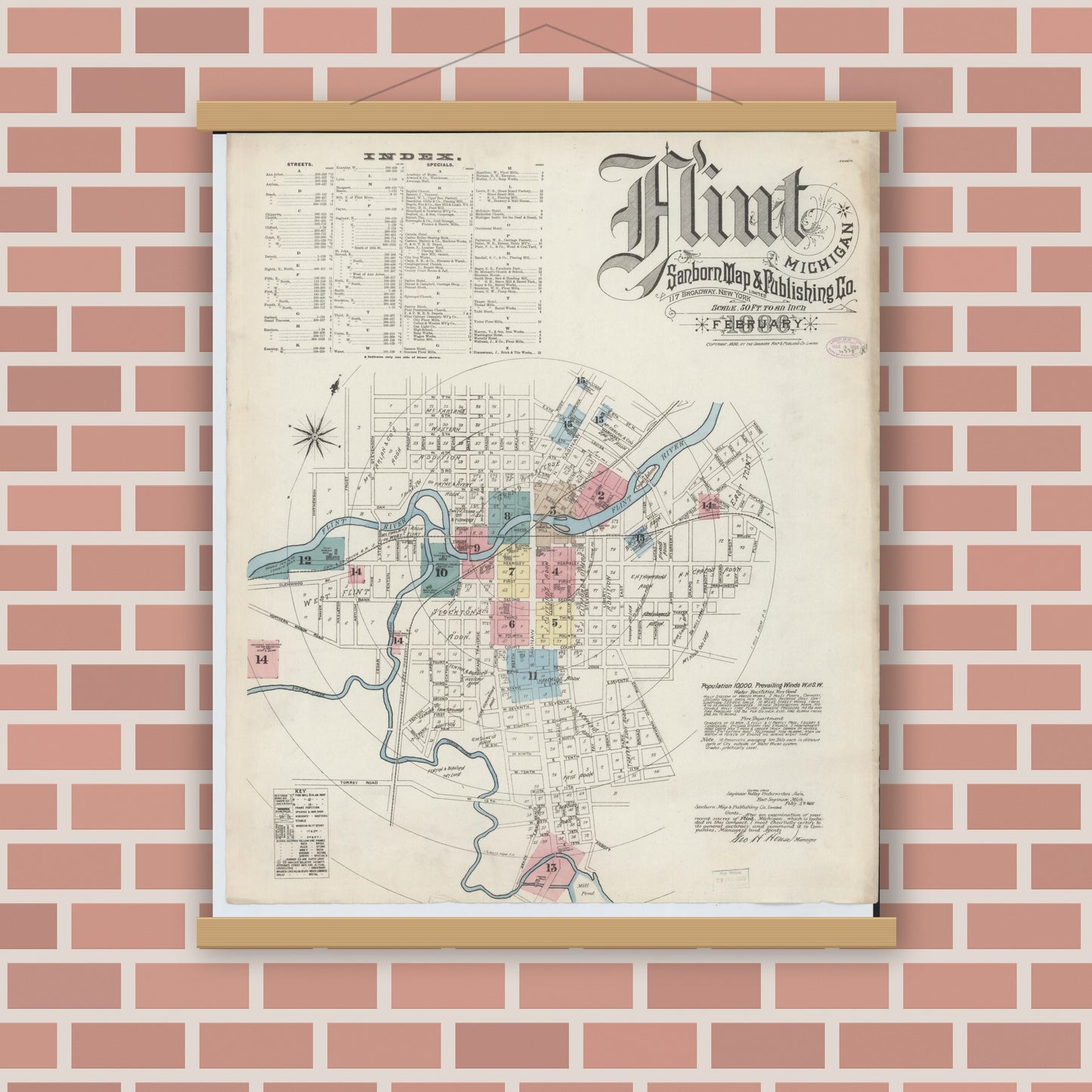 Old map wall art mockup — magnetic wood frame on brick wall — Sanborn Fire Insurance Map from Flint, Genesee County, Michigan (1886) - Complete Map Set