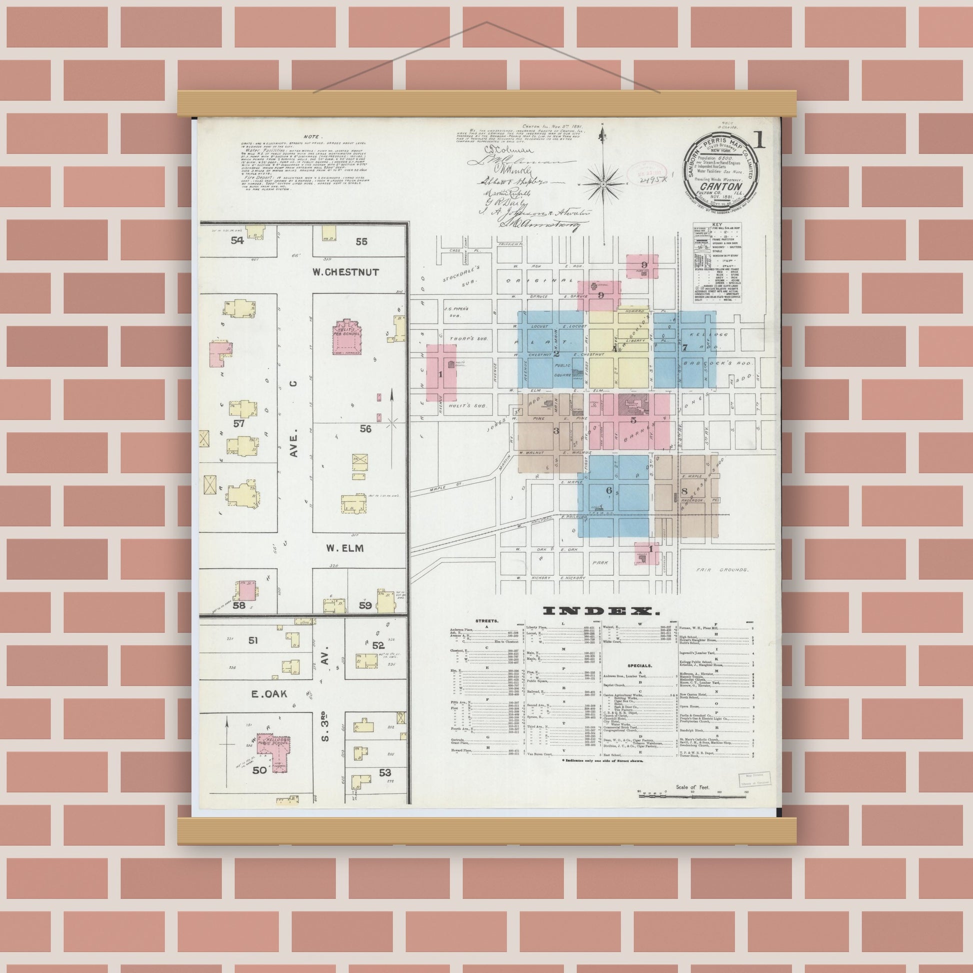 Old map wall art mockup — magnetic wood frame on brick wall — Sanborn Fire Insurance Map from Canton, Fulton County, Illinois (1891) - Complete Map Set