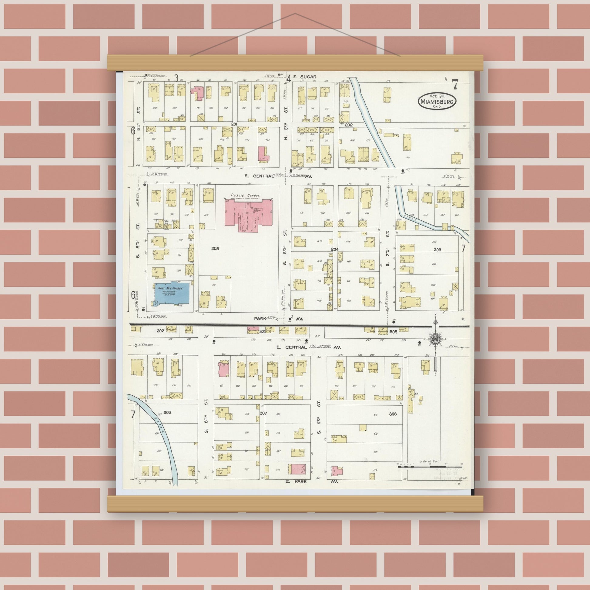 Old map wall art mockup — magnetic wood frame on brick wall — Sanborn Fire Insurance Map from Miamisburg, Montgomery County, Ohio (1911), Sheet #0007
