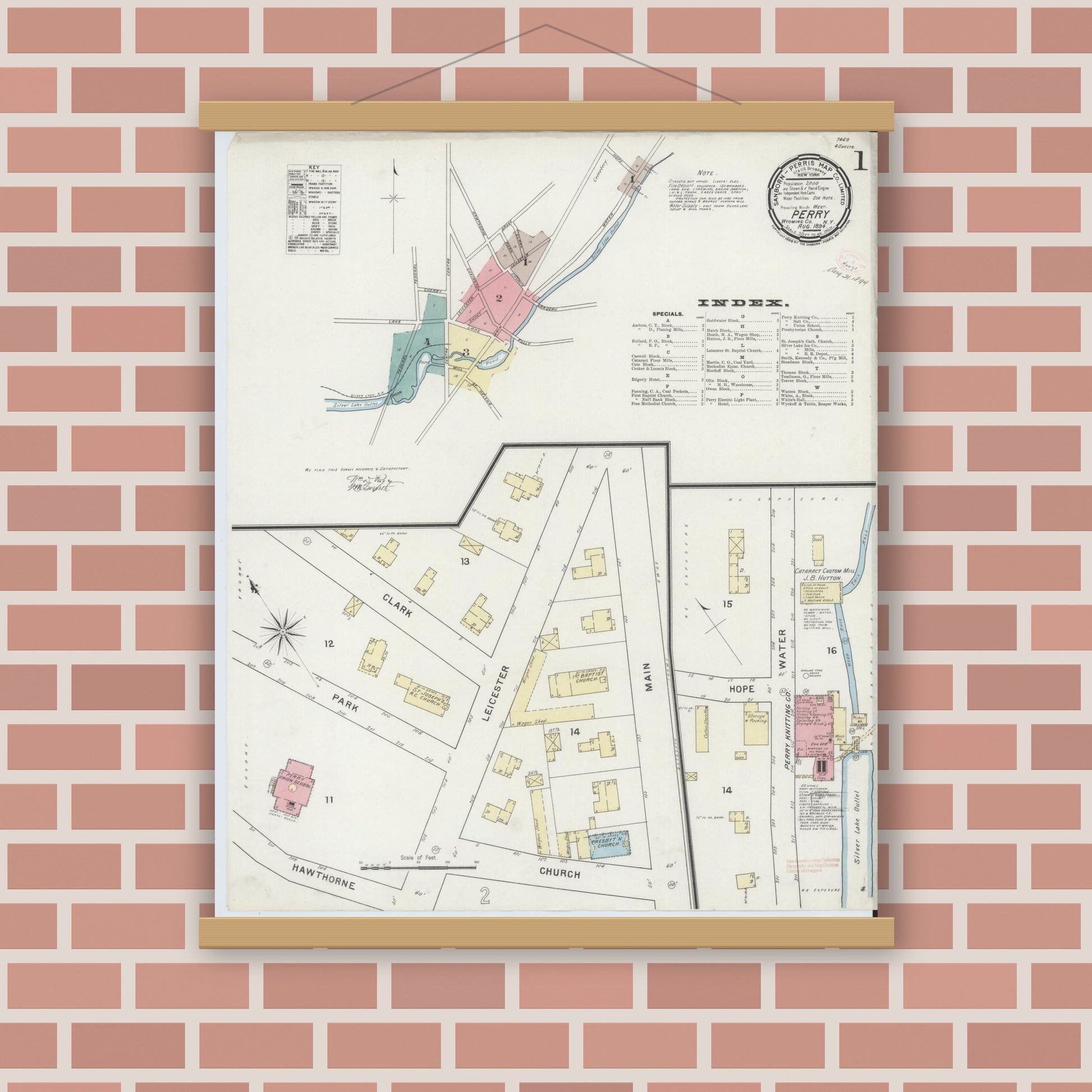 Old map wall art mockup — magnetic wood frame on brick wall — Sanborn Fire Insurance Map from Perry, Wyoming County, New York (1894) - Complete Map Set