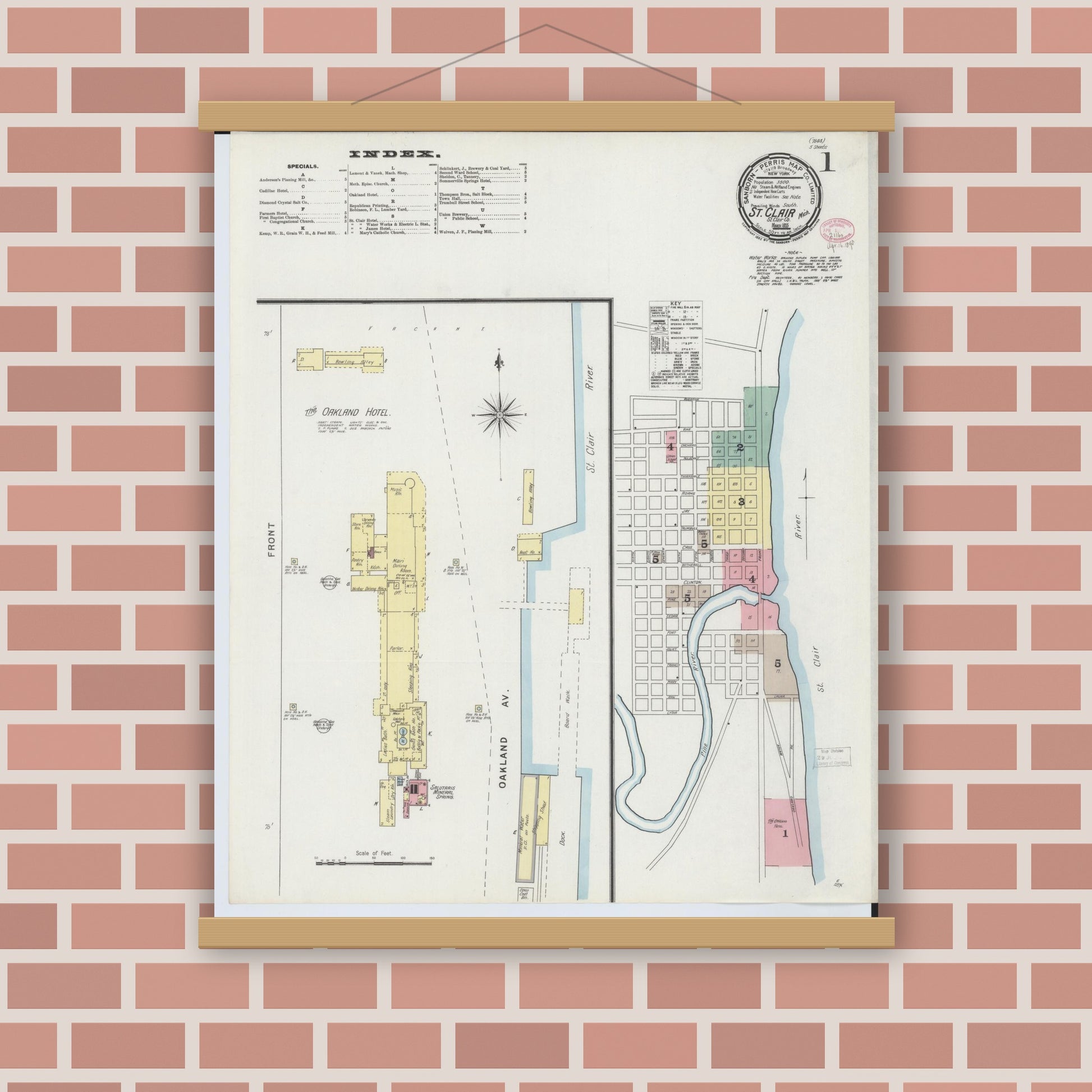 Old map wall art mockup — magnetic wood frame on brick wall — Sanborn Fire Insurance Map from Saint Clair, Saint Clair County, Michigan (1895) - Complete Map Set