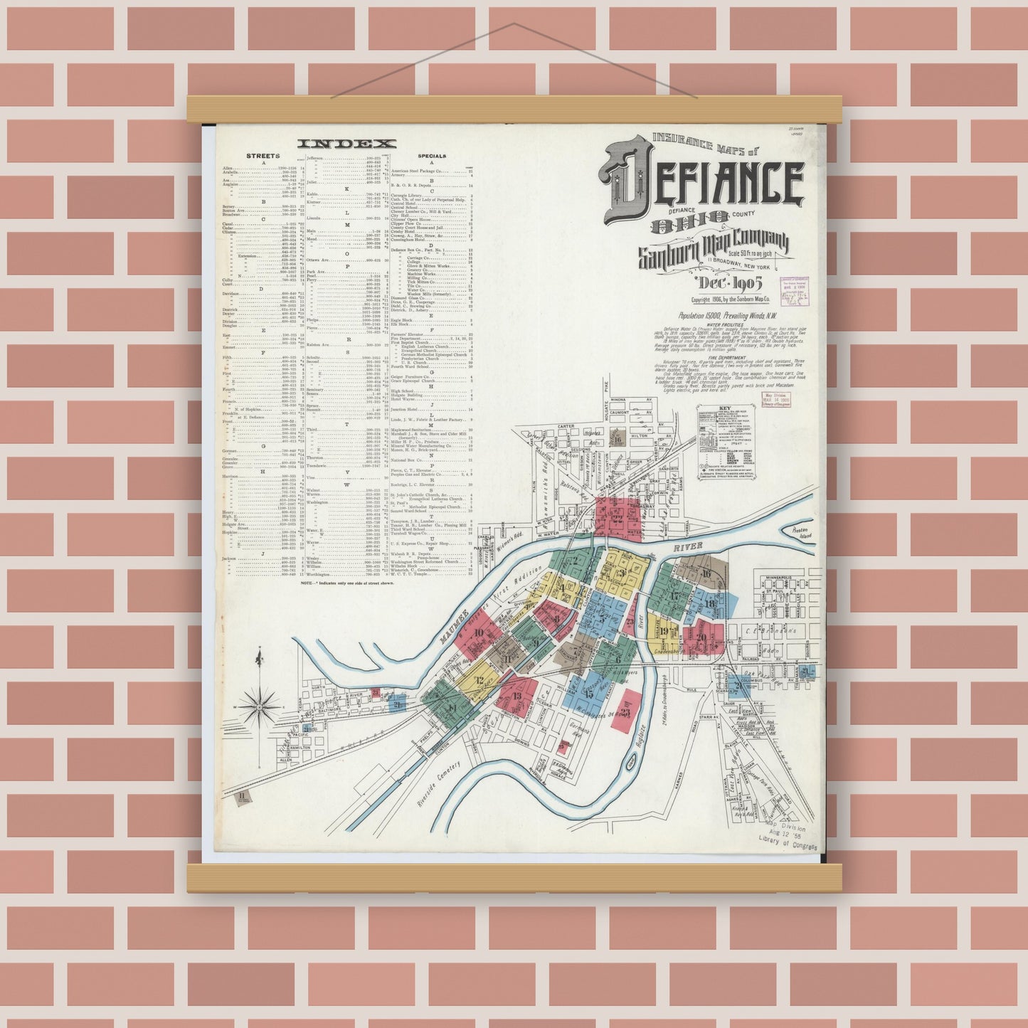 Old map wall art mockup — magnetic wood frame on brick wall — Sanborn Fire Insurance Map from Defiance, Defiance County, Ohio (1905) - Complete Map Set