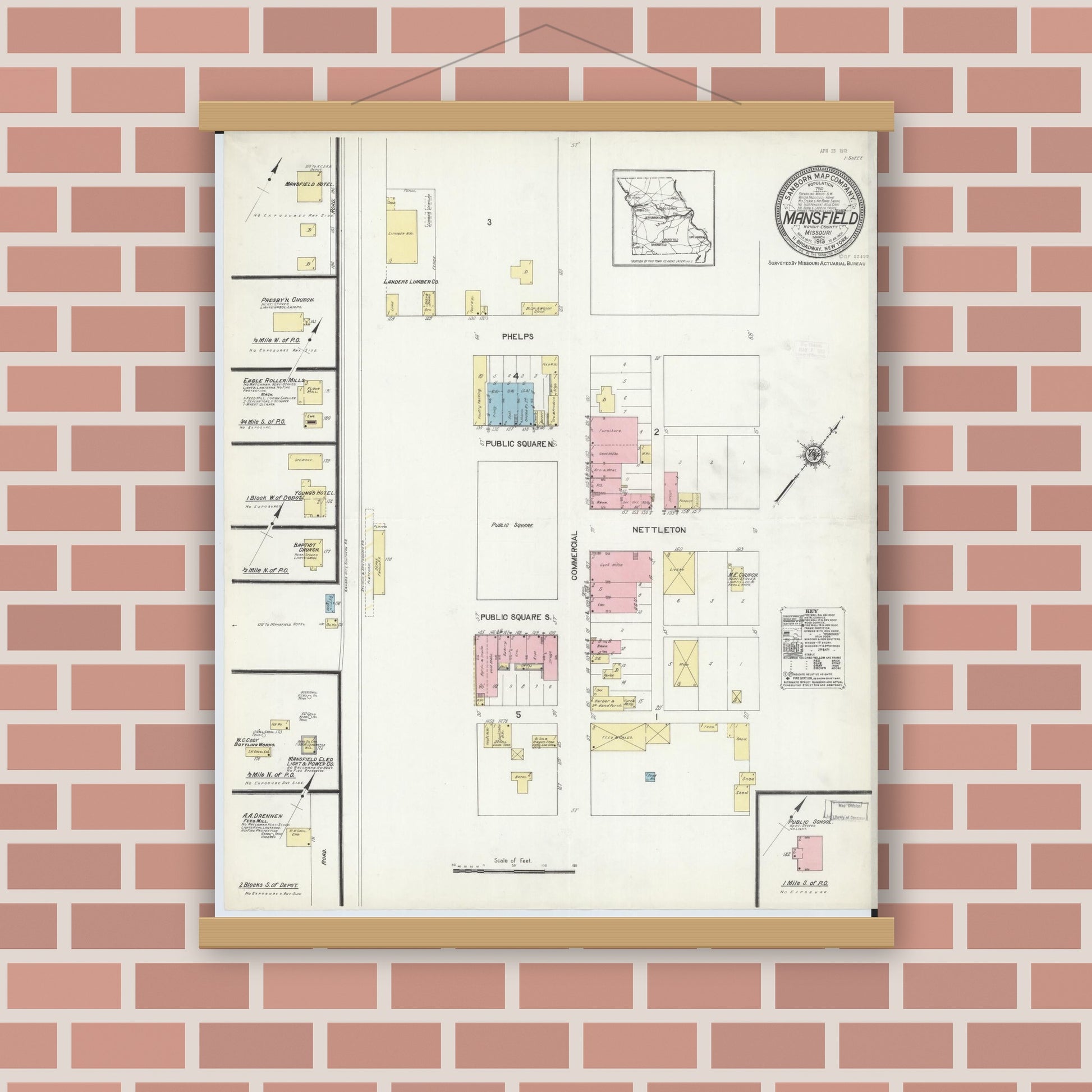Old map wall art mockup — magnetic wood frame on brick wall — Sanborn Fire Insurance Map from Mansfield, Wright County, Missouri (1913), Sheet #0001