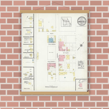 Old map wall art mockup — magnetic wood frame on brick wall — Sanborn Fire Insurance Map from Mansfield, Wright County, Missouri (1913), Sheet #0001