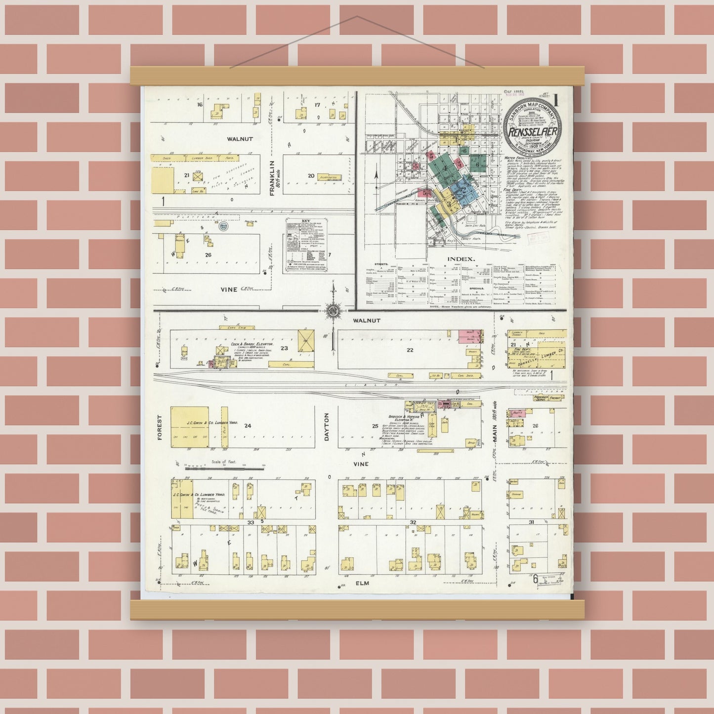 Old map wall art mockup — magnetic wood frame on brick wall — Sanborn Fire Insurance Map from Rensselaer, Jasper County, Indiana (1909), Sheet #0001