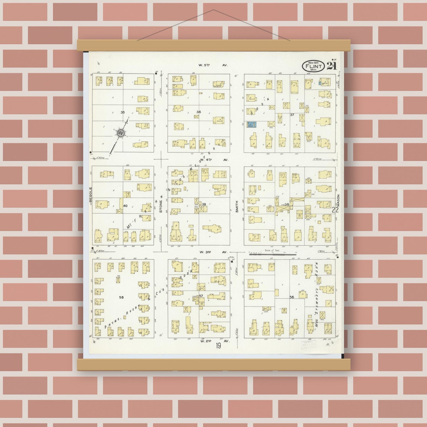 Old map wall art mockup — magnetic wood frame on brick wall — Sanborn Fire Insurance Map from Flint, Genesee County, Michigan (1909), Sheet #0021