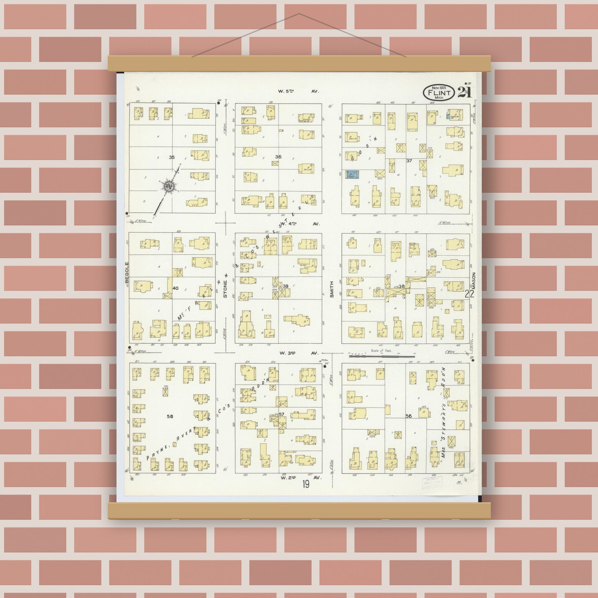 Old map wall art mockup — magnetic wood frame on brick wall — Sanborn Fire Insurance Map from Flint, Genesee County, Michigan (1909), Sheet #0021