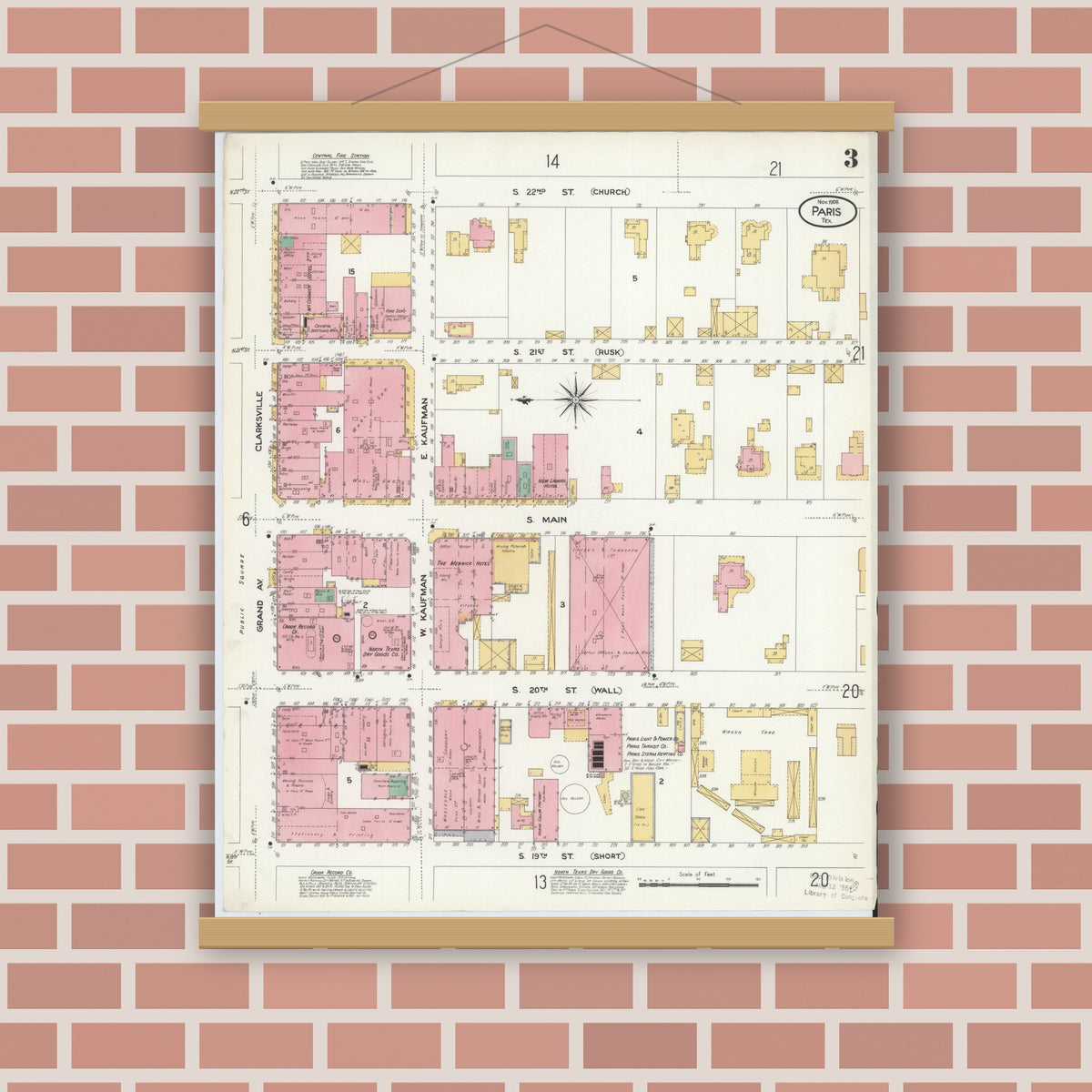 Old map wall art mockup — magnetic wood frame on brick wall — Sanborn Fire Insurance Map from Paris, Lamar County, Texas (1908), Sheet #0003