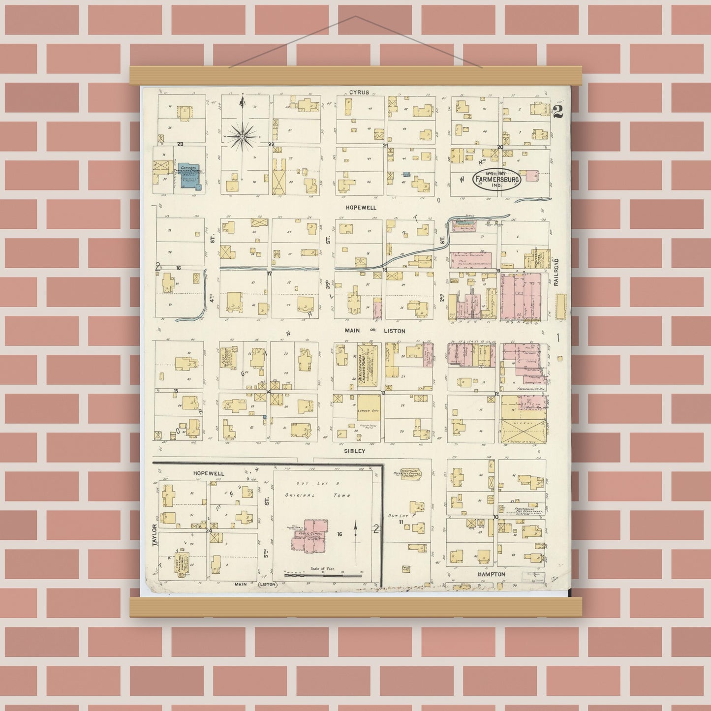 Old map wall art mockup — magnetic wood frame on brick wall — Sanborn Fire Insurance Map from Farmland, Randolph County, Indiana (1907), Sheet #0002