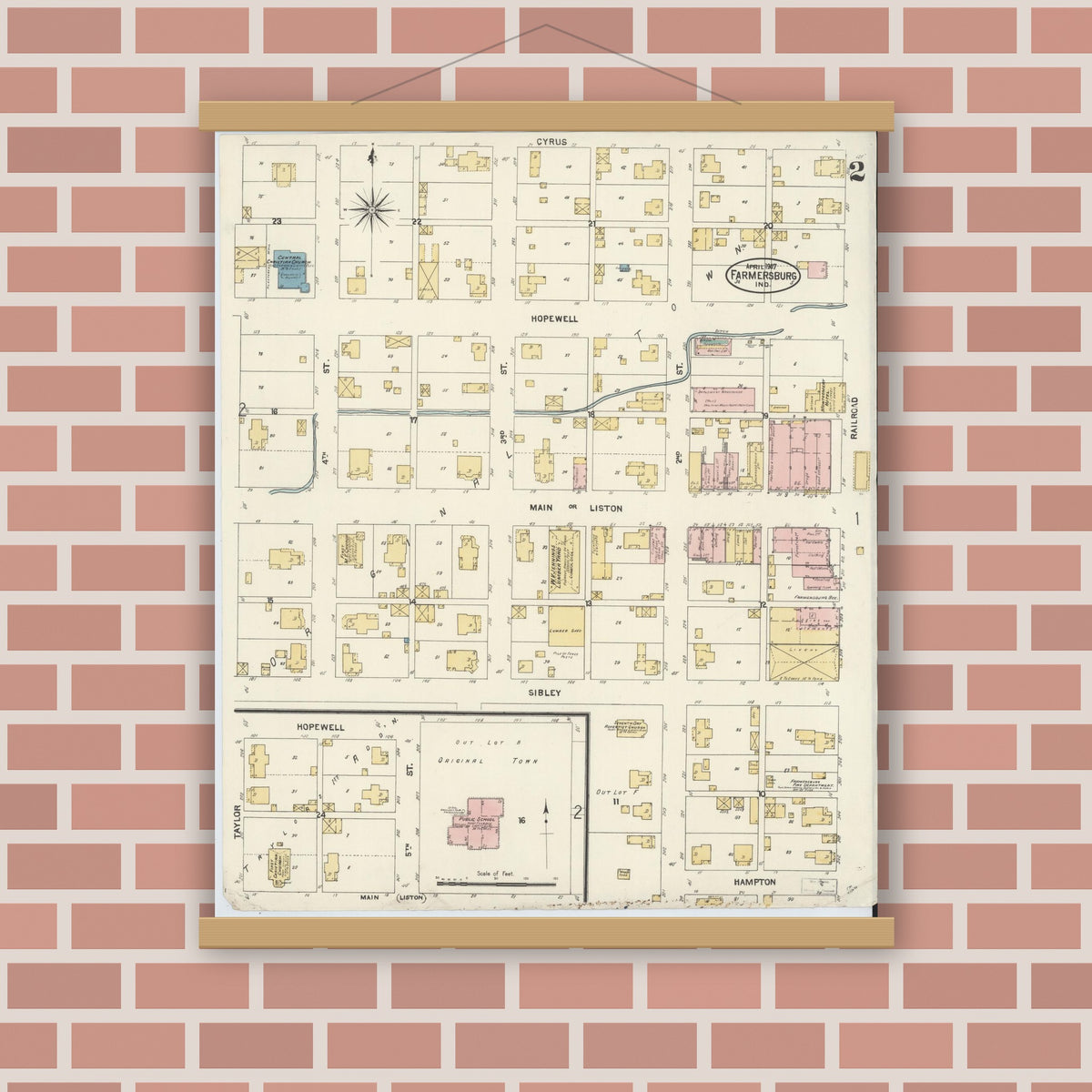 Old map wall art mockup — magnetic wood frame on brick wall — Sanborn Fire Insurance Map from Farmland, Randolph County, Indiana (1907), Sheet #0002