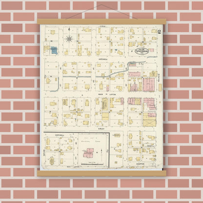 Old map wall art mockup — magnetic wood frame on brick wall — Sanborn Fire Insurance Map from Farmland, Randolph County, Indiana (1907), Sheet #0002