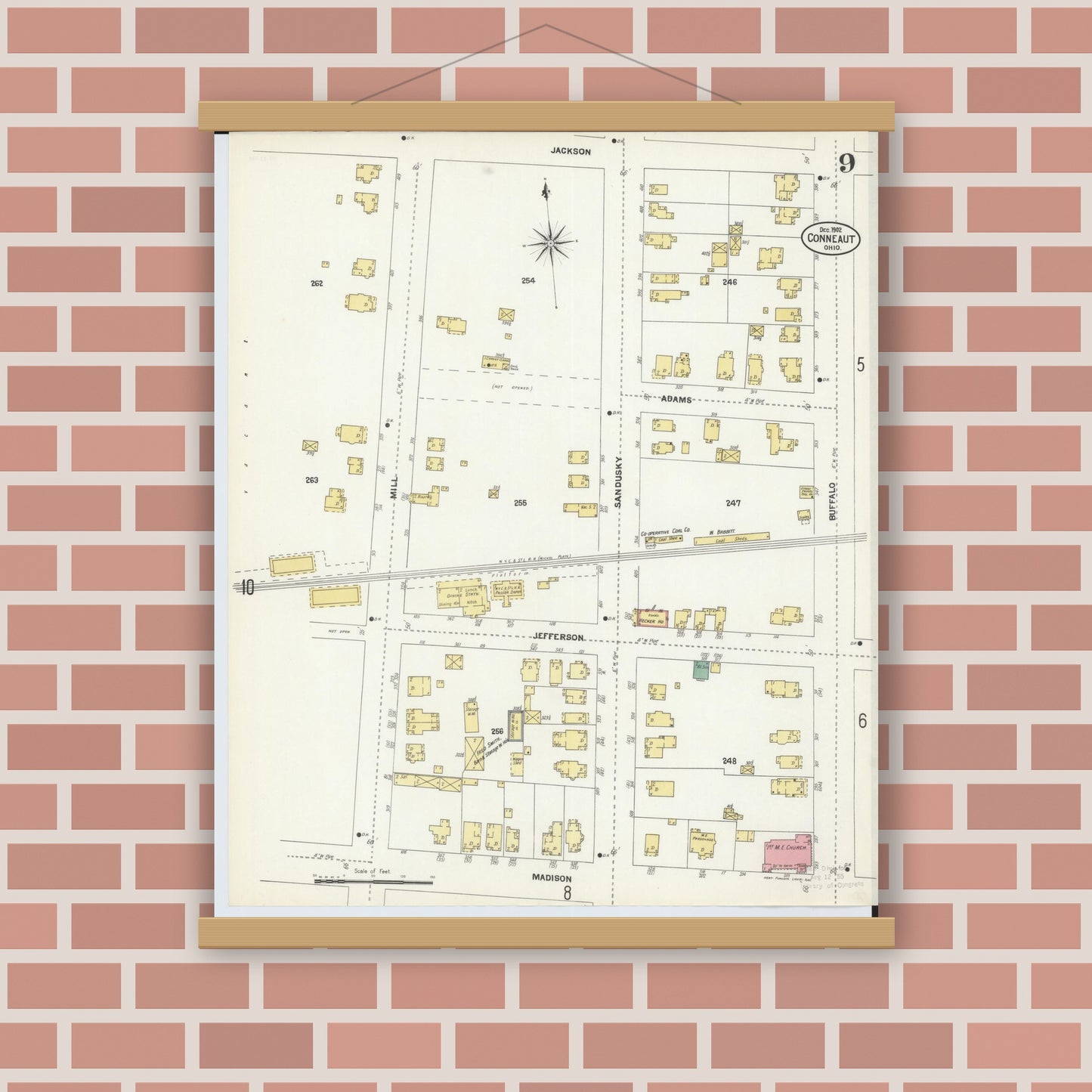 Old map wall art mockup — magnetic wood frame on brick wall — Sanborn Fire Insurance Map from Conneaut, Ashtabula County, Ohio (1902), Sheet #0009