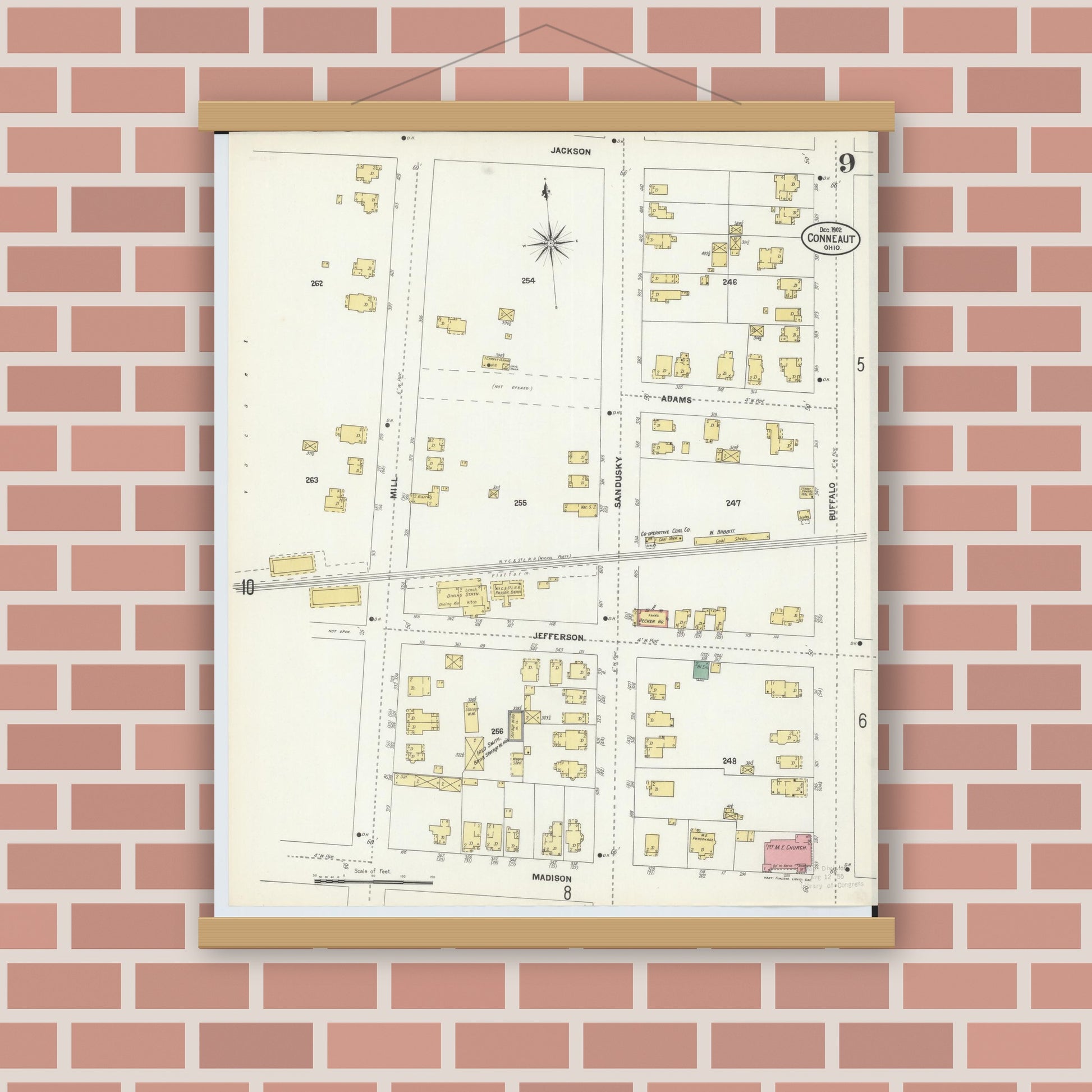 Old map wall art mockup — magnetic wood frame on brick wall — Sanborn Fire Insurance Map from Conneaut, Ashtabula County, Ohio (1902), Sheet #0009