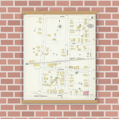 Old map wall art mockup — magnetic wood frame on brick wall — Sanborn Fire Insurance Map from Conneaut, Ashtabula County, Ohio (1902), Sheet #0009