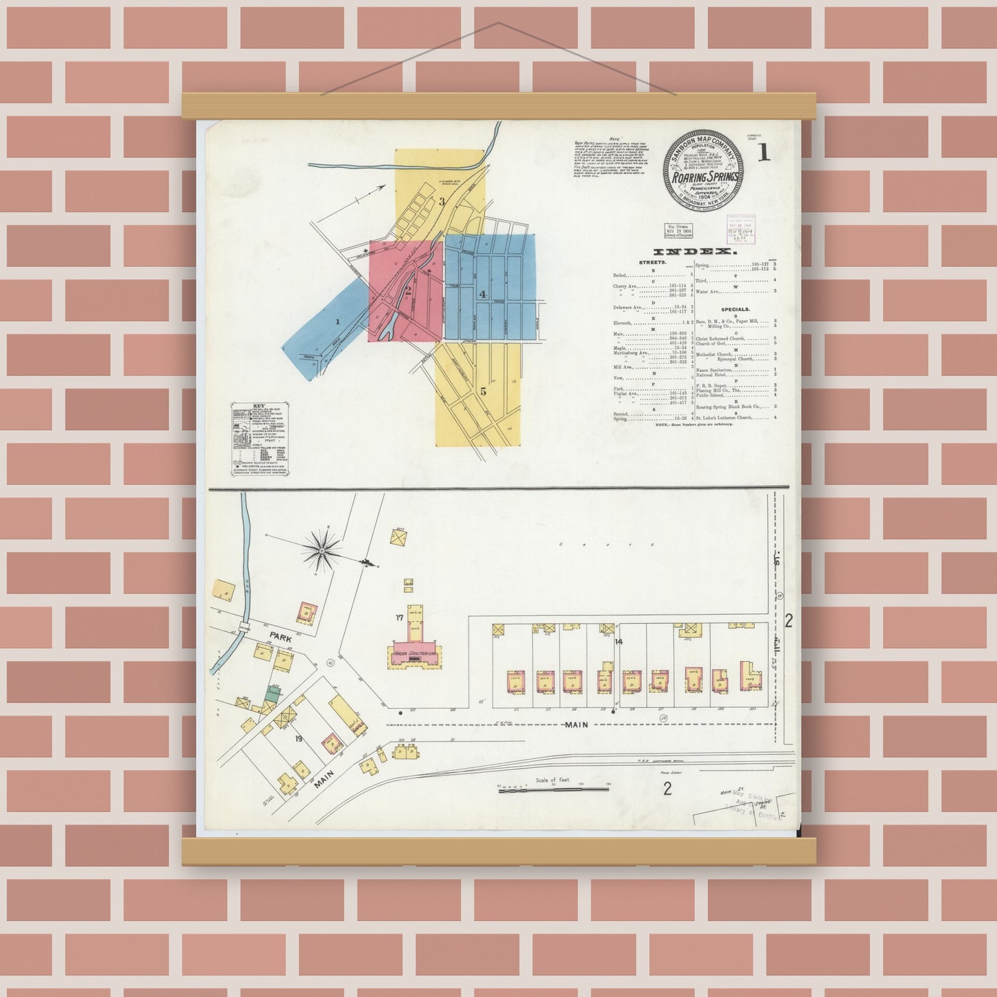 Old map wall art mockup — magnetic wood frame on brick wall — Sanborn Fire Insurance Map from Roaring Spring, Blair County, Pennsylvania (1904) - Complete Map Set