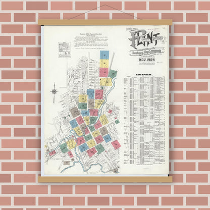 Old map wall art mockup — magnetic wood frame on brick wall — Sanborn Fire Insurance Map from Flint, Genesee County, Michigan (1909), Sheet #0001
