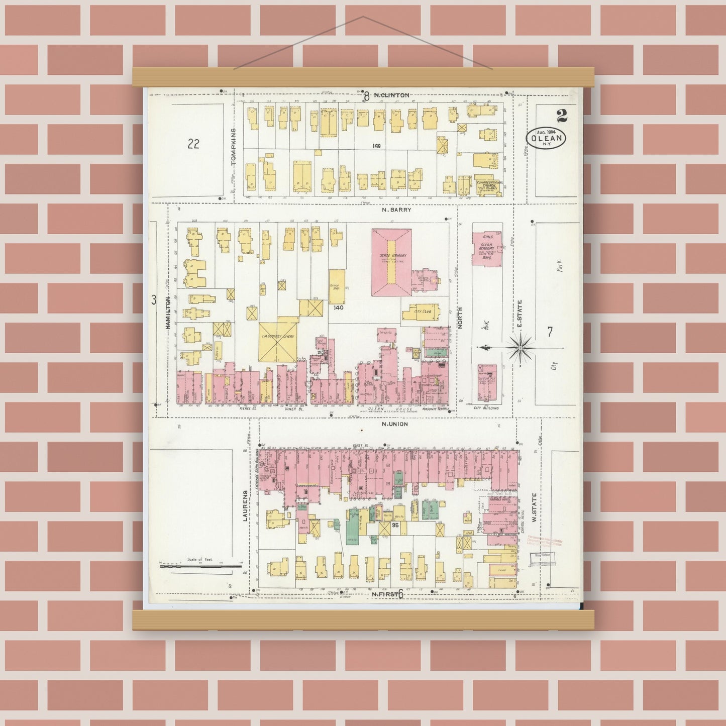 Old map wall art mockup — magnetic wood frame on brick wall — Sanborn Fire Insurance Map from Olean, Cattaraugus County, New York (1904) - Complete Map Set