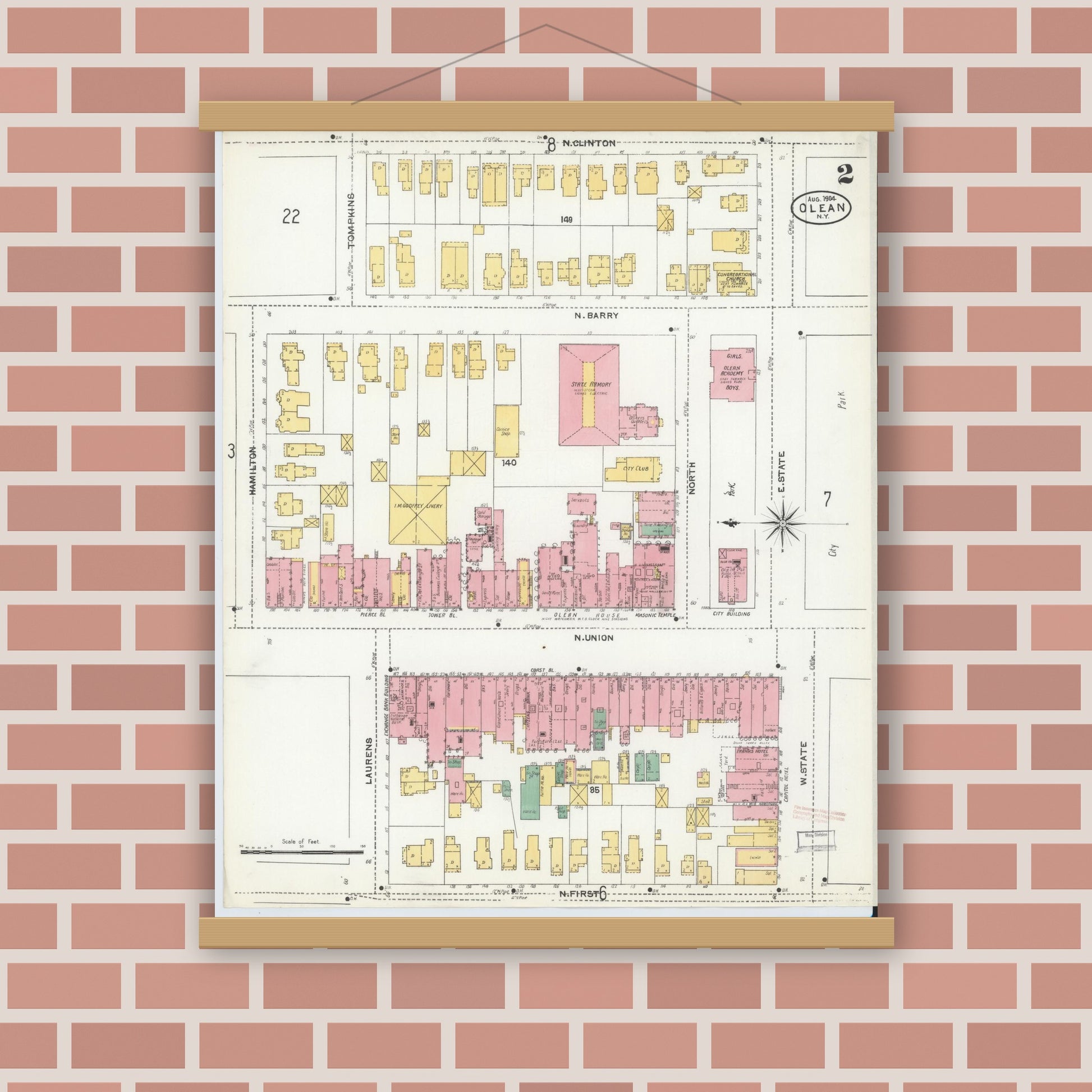 Old map wall art mockup — magnetic wood frame on brick wall — Sanborn Fire Insurance Map from Olean, Cattaraugus County, New York (1904) - Complete Map Set
