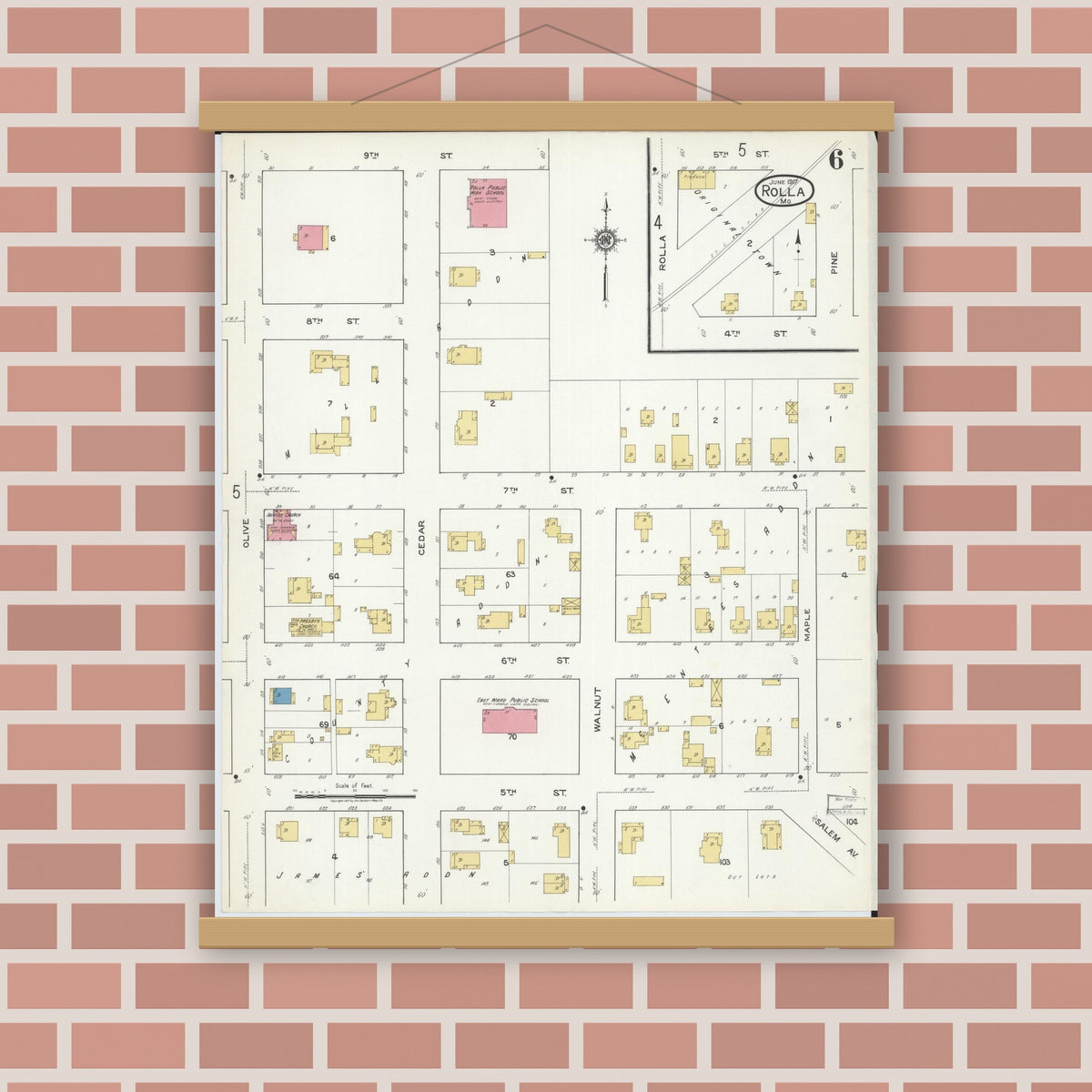 Old map wall art mockup — magnetic wood frame on brick wall — Sanborn Fire Insurance Map from Rolla, Phelps County, Missouri (1917), Sheet #0006