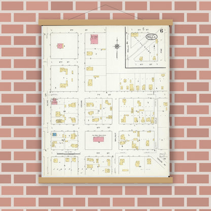 Old map wall art mockup — magnetic wood frame on brick wall — Sanborn Fire Insurance Map from Rolla, Phelps County, Missouri (1917), Sheet #0006