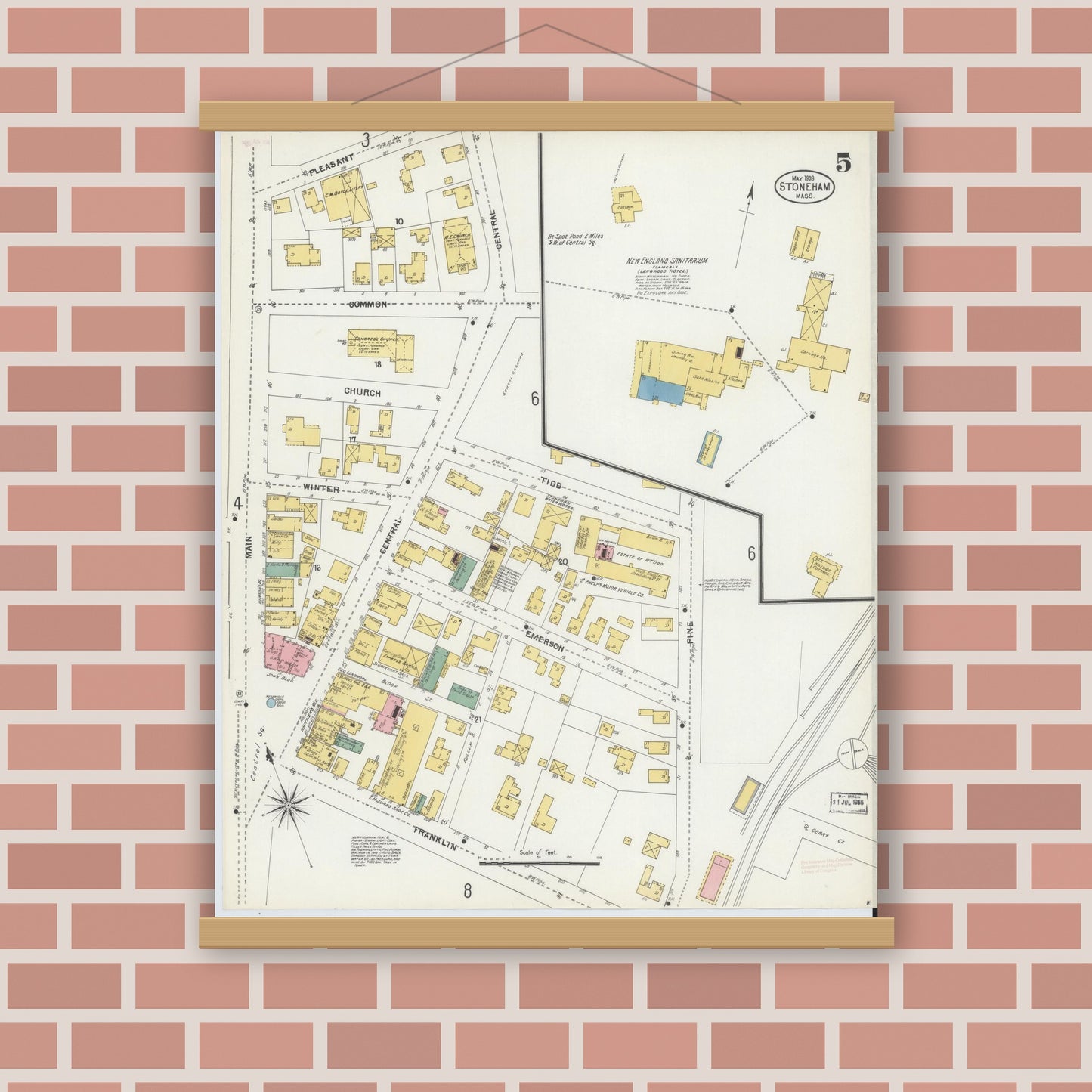 Old map wall art mockup — magnetic wood frame on brick wall — Sanborn Fire Insurance Map from Stoneham, Middlesex County, Massachusetts (1903), Sheet #0005