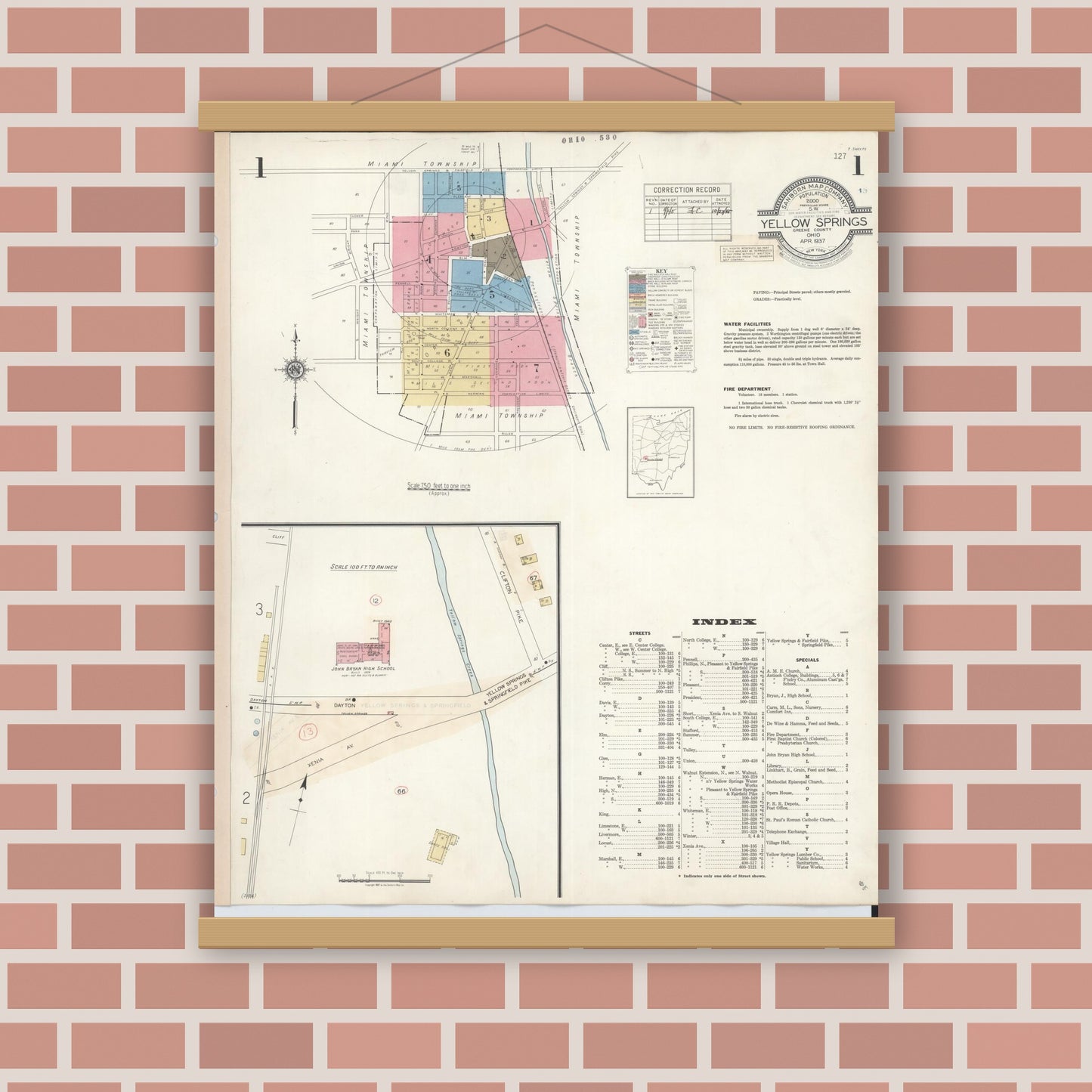 Old map wall art mockup — magnetic wood frame on brick wall — Sanborn Fire Insurance Map from Yellow Springs, Greene County, Ohio (1945) - Complete Map Set